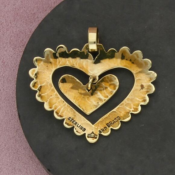 jeep collins sterling silver & brass hammered heart dangle pendant - Picture 3 of 3